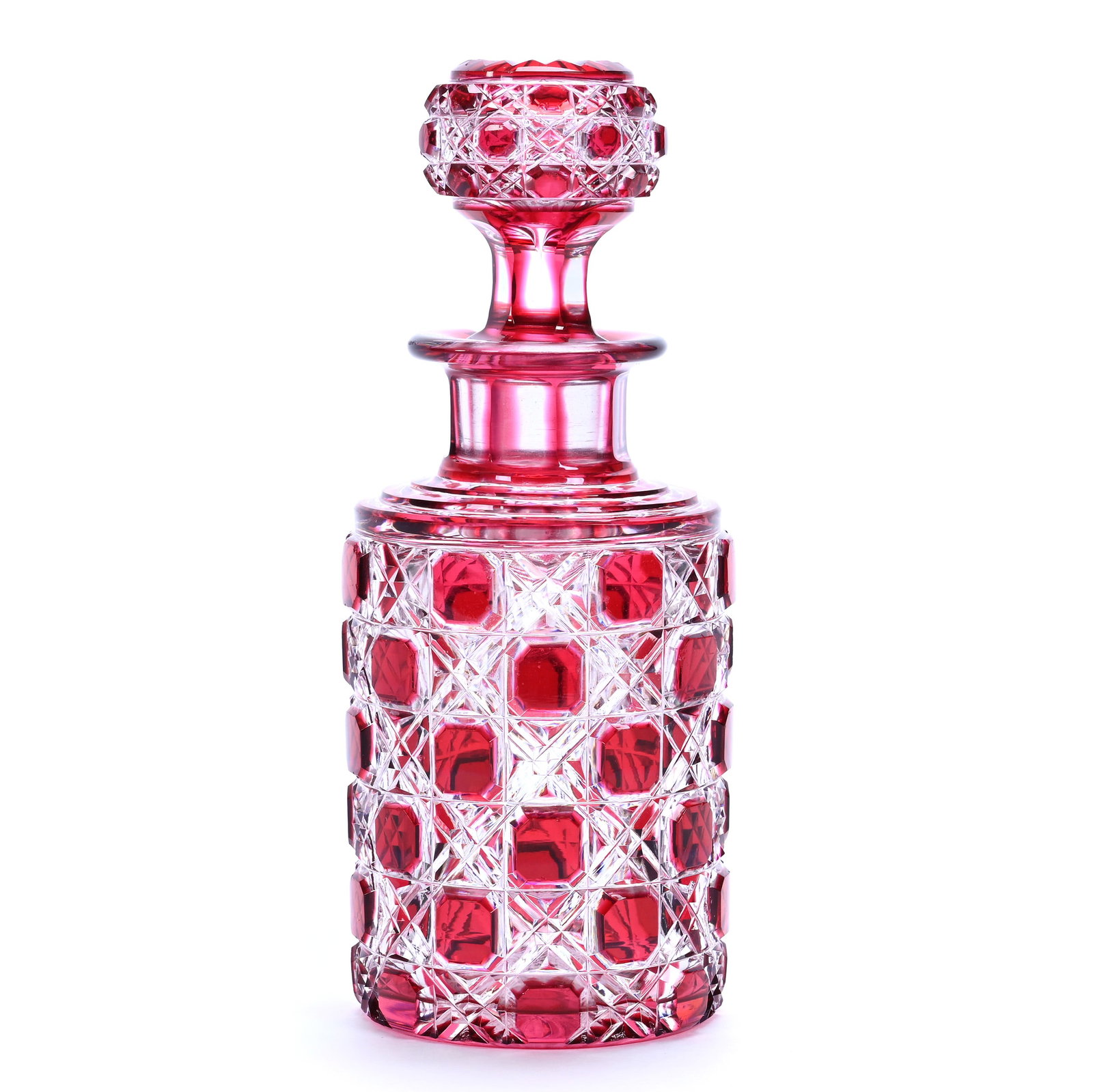 Cologne Bottle, Brilliant Period Cut Glass, Red Cut To Clear: Cologne Bottle, Brilliant Period Cut Glass, Red Cut To Clear, 6.75" x 3", Cane Pattern With Pattern Cut Stopper, Ray Cut Base, Chip On Stopper Plug, Georgia Private Collection.