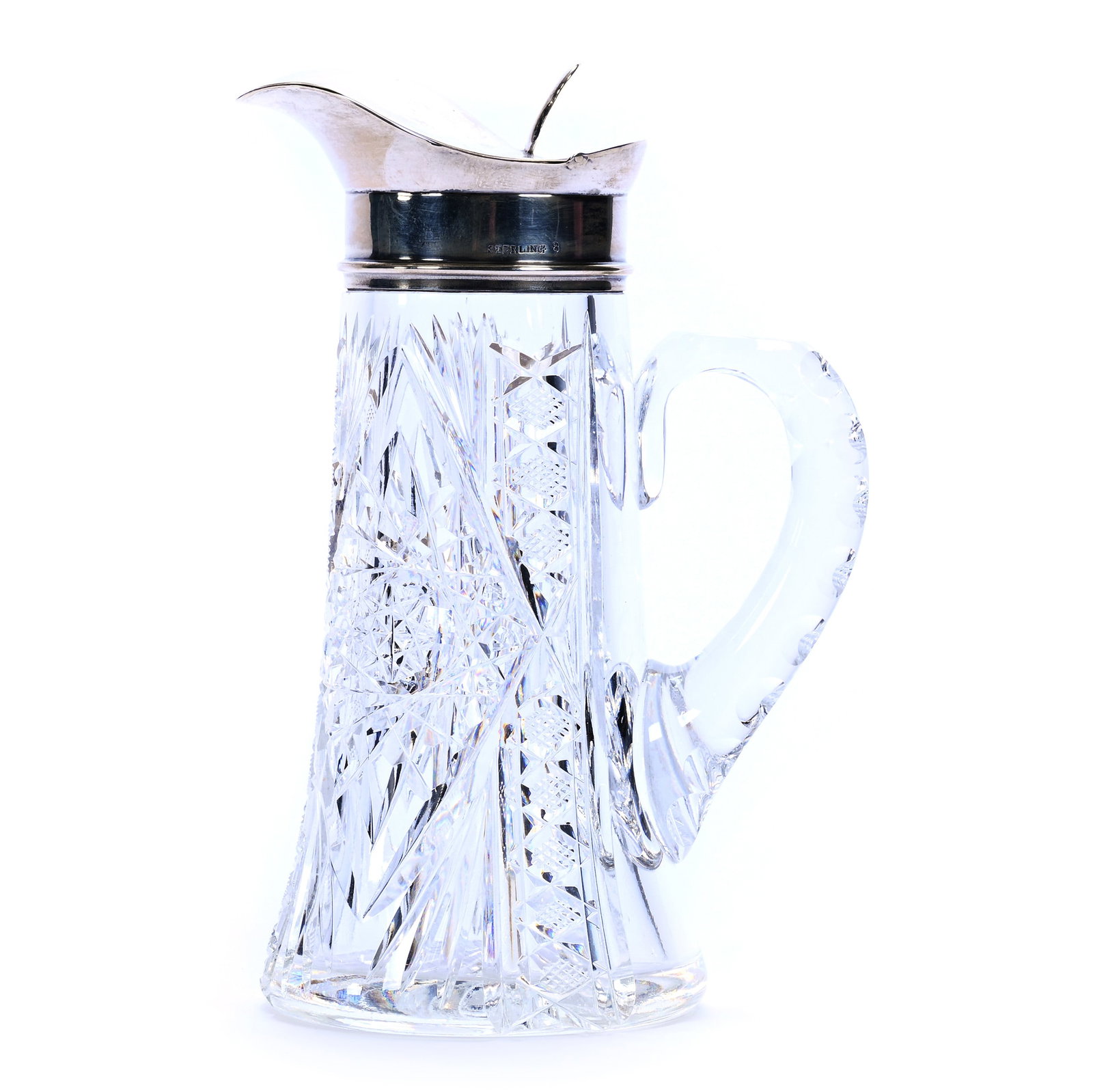 Syrup Pitcher, American Brilliant Cut Glass, Hobstar, Crosshatch And Fan Motif: Syrup Pitcher, American Brilliant Cut Glass, Hobstar, Crosshatch And Fan Motif, 5.75" x 4", Sterling Silver Spout And Lid, Ray Cut Base, Georgia Private Collection.