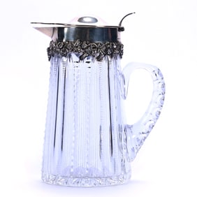 Syrup Pitcher, American Brilliant Cut Glass, Prism Cut Body With Elaborate Sterling Silver Spout &