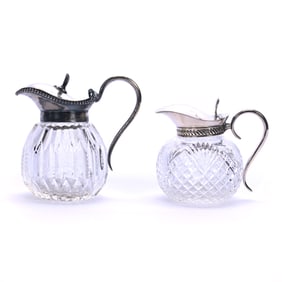 (2) Syrup Pitchers, American Brilliant Cut Glass, Silverplate Tops