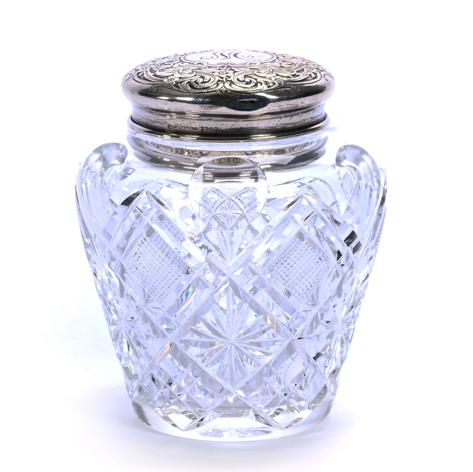 Covered Jar, American Brilliant Cut Glass, Crosshatch, Miter, Star And Punty Motif: Covered Jar, American Brilliant Cut Glass, Crosshatch, Miter, Star And Punty Motif, 3.5" x 3", Sterling Silver Lid, Georgia Private Collection.