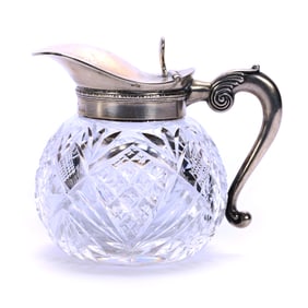 Syrup Pitcher, American Brilliant Cut Glass, Crosscut Diamond, Crosshatch & Fan Motif
