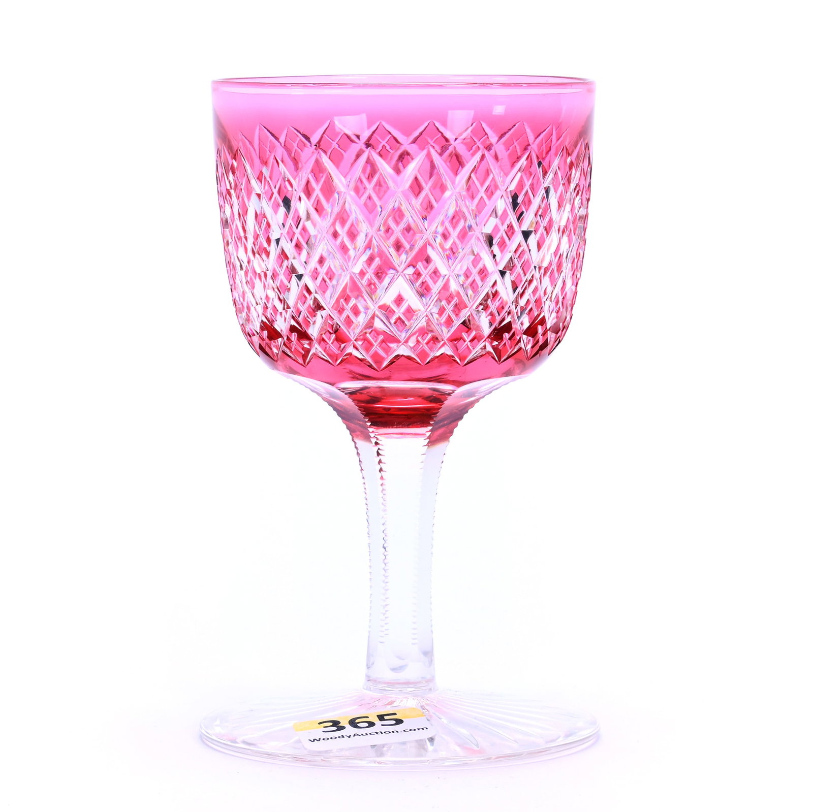 Wine Stem, American Brilliant Cut Glass, Cranberry Cut To Clear: Wine Stem, American Brilliant Cut Glass, Cranberry Cut To Clear, 4.5" x 2.75", Crosscut Diamond Motif, Large Ray Cut Foot, Mike And Sandra Hackney Collection, Georgia.