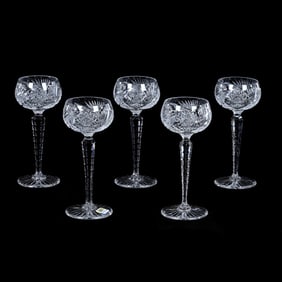 (5) Wine Stems, Brilliant Period Cut Glass, Hobstar, Vesica, Miter & Fan Motif