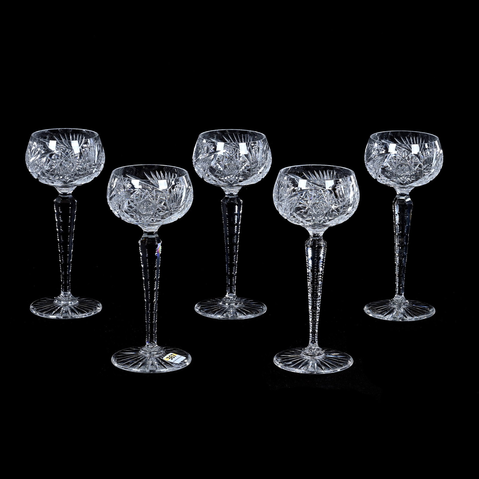 (5) Wine Stems, Brilliant Period Cut Glass, Hobstar, Vesica, Miter & Fan Motif: (5) Wine Stems, Brilliant Period Cut Glass, Hobstar, Vesica, Miter And Fan Motif, 7.75" x 3.25", Solid Notched Stem, Ray Cut Foot, Mike And Sandra Hackney Collection, Georgia.