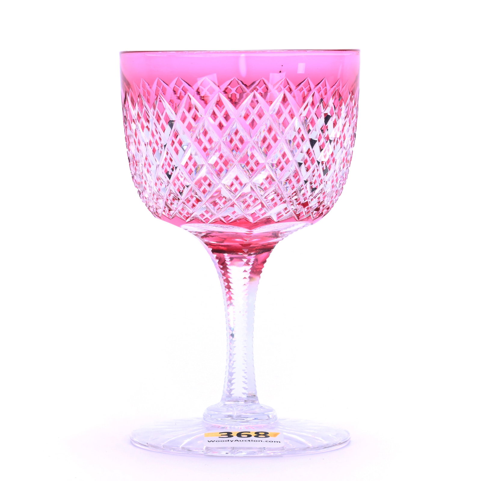 Wine Stem, American Brilliant Cut Glass, Cranberry Cut To Clear: Wine Stem, American Brilliant Cut Glass, Cranberry Cut To Clear, 4.375" x 2.625", Crosscut Diamond, Notched Stem, Ray Cut Foot, Mike And Sandra Hackney Collection, Georgia.
