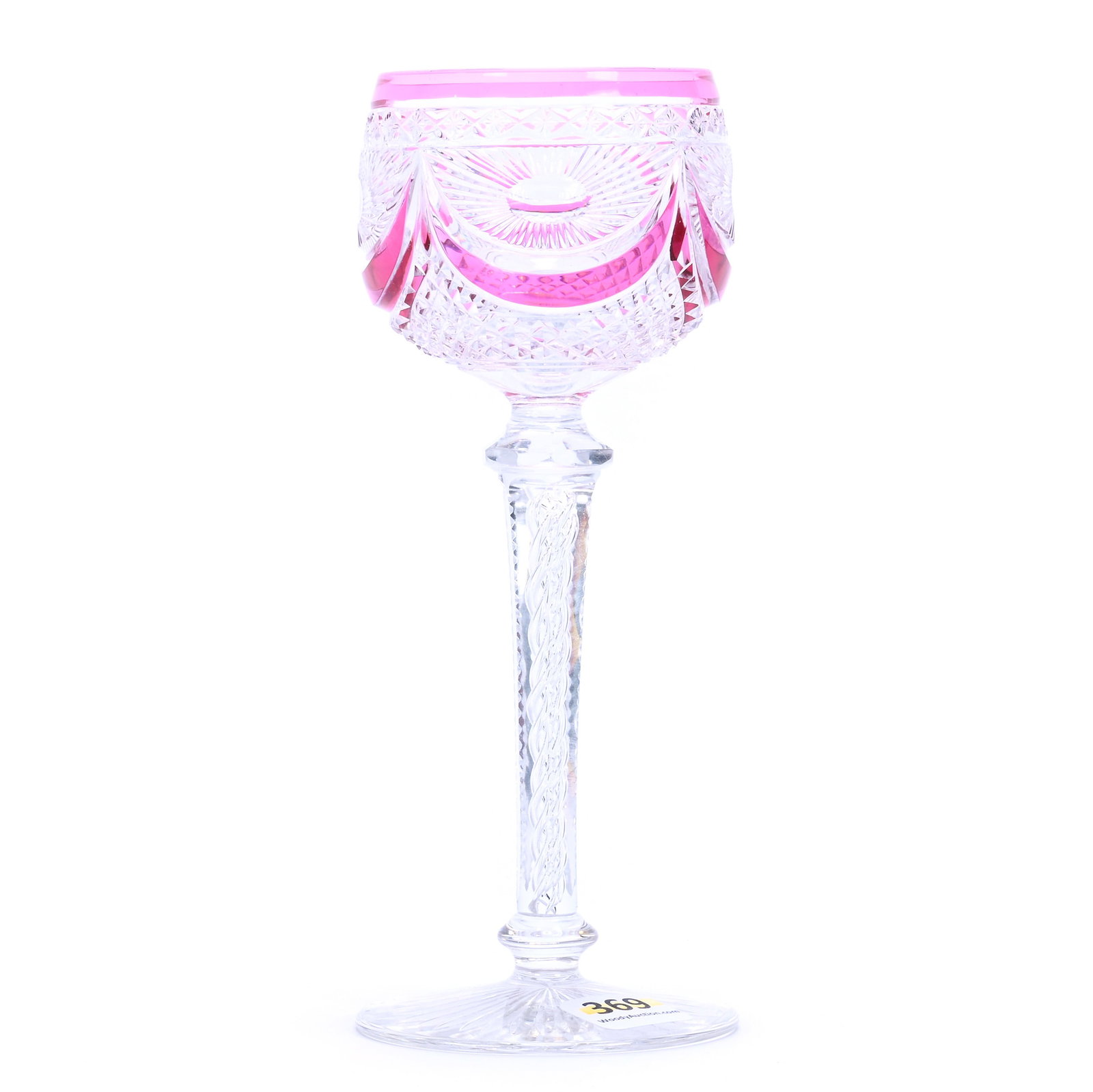 Wine Stem, Brilliant Period Cut Glass, Cranberry Cut To Clear: Wine Stem, Brilliant Period Cut Glass, Cranberry Cut To Clear, 7.25" x 3", Sunburst, Drape And Diamond Motif, Air Twist Stem, Ray Cut Foot, Mike And Sandra Hackney Collection, Georgia.