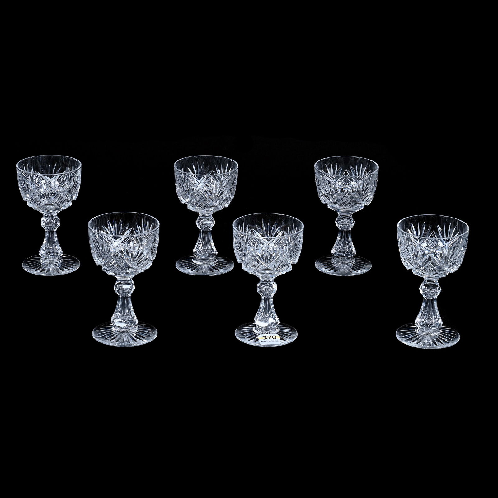 (6) Wine Stems, Brilliant Period Cut Glass, Pattern #2900/17 By Val St. Lambert: (6) Wine Stems, Brilliant Period Cut Glass, Pattern #2900/17 By Val St. Lambert, 4.75" x 2.875", Circa 1908, Air Trap Stem, Ray Cut Foot, Chip And Rim Polish On One Stem, Mike And Sandra Hackney Colle