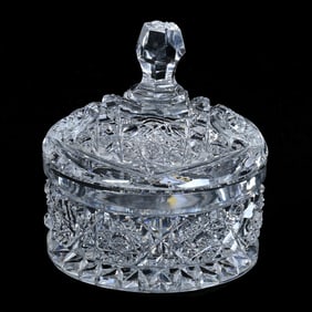 Round Covered Box, American Brilliant Cut Glass, Hobstar And Crosshatch Motif