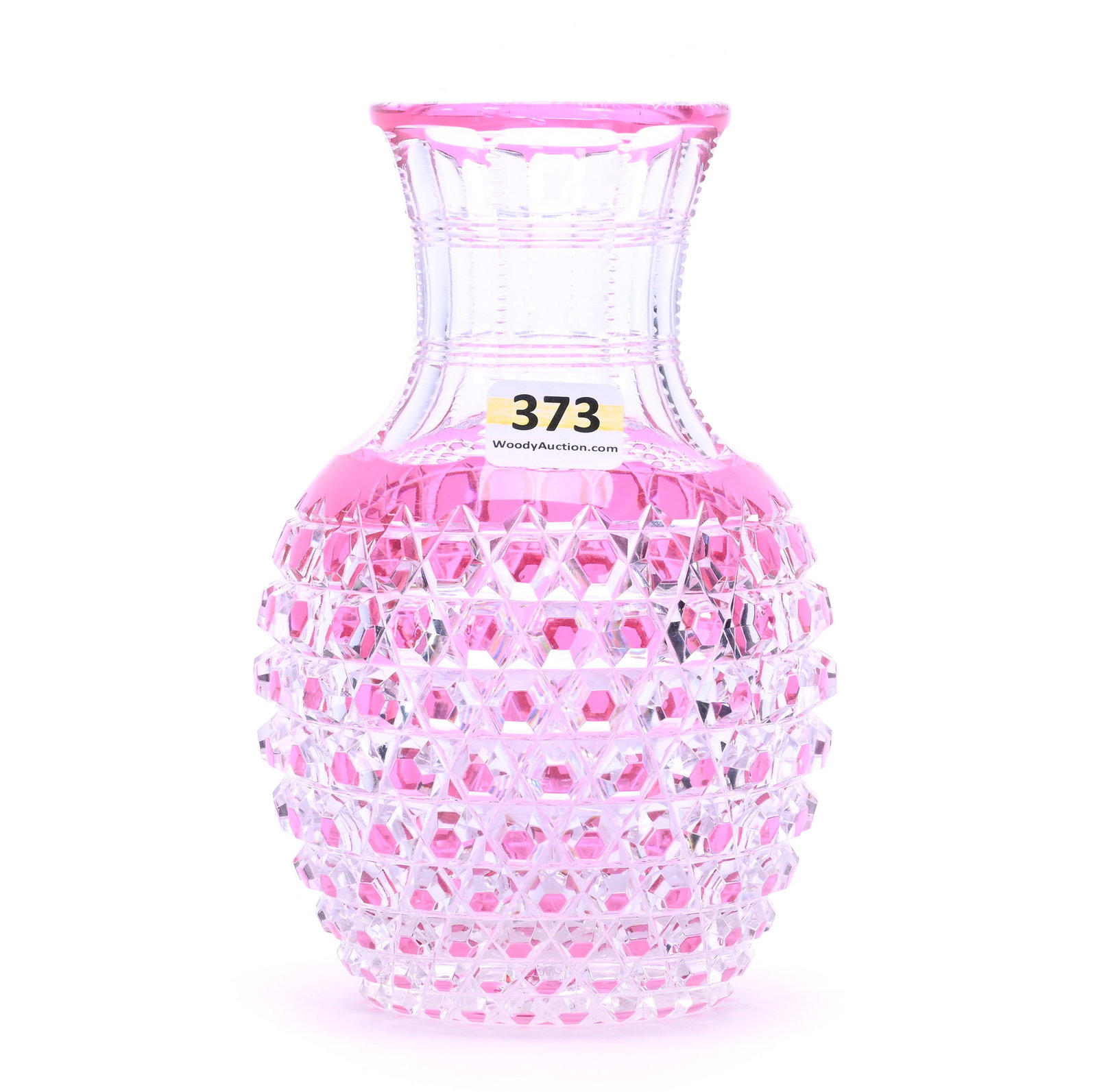 Water Carafe, American Brilliant Cut Glass, Cranberry Cut To Clear, Hob Diamond Motif: Water Carafe, American Brilliant Cut Glass, Cranberry Cut To Clear, Hob Diamond Motif, 6" x 4", Ray Cut Base, Nice Example, Mike And Sandra Hackney Collection, Georgia.