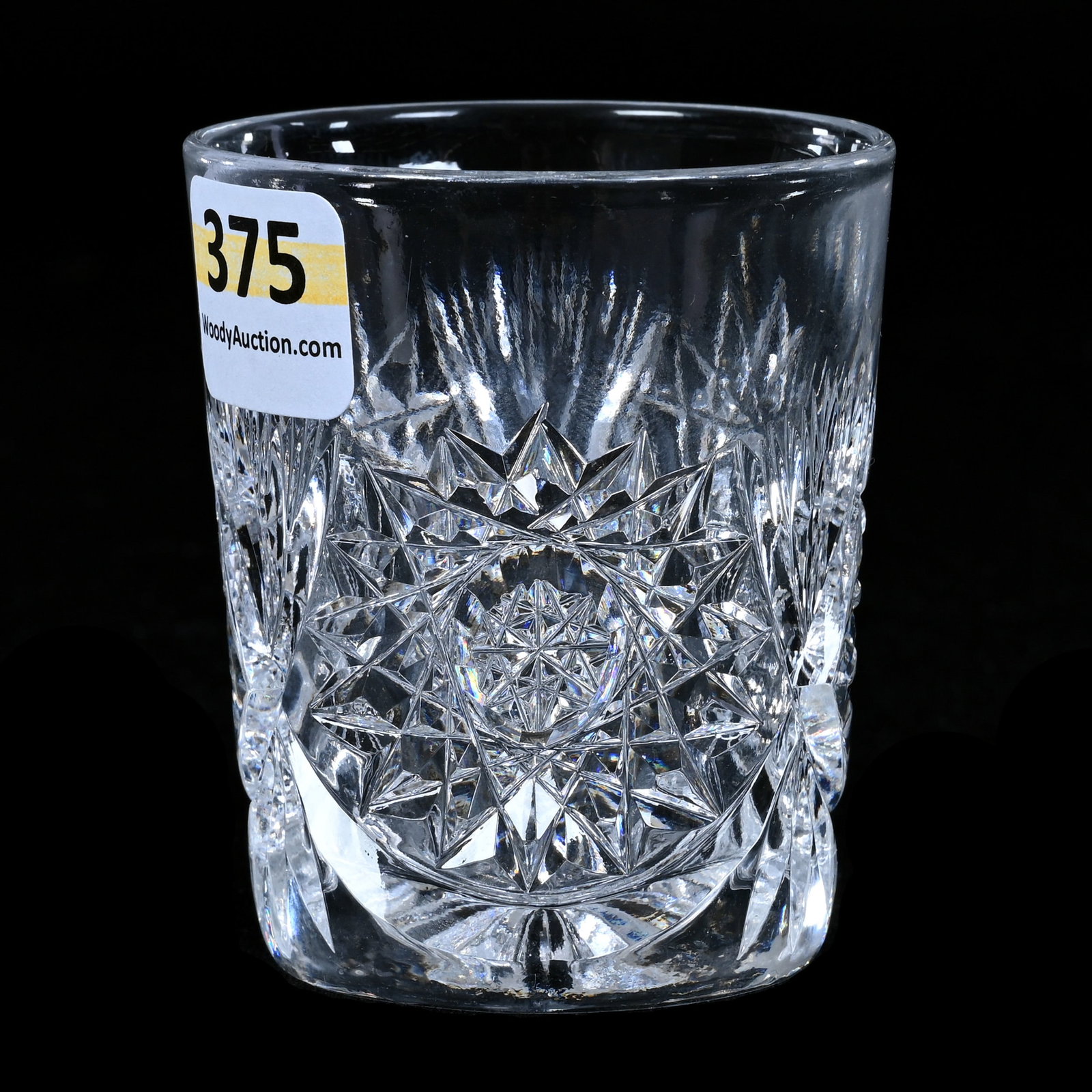 Shot Glass/Whiskey Tumbler, American Brilliant Cut Glass, Hobstar & Fan Motif: Shot Glass/Whiskey Tumbler, American Brilliant Cut Glass, Hobstar And Fan Motif, 2.625" x 2.125", Double Thick Base, Mike And Sandra Hackney Collection, Georgia.