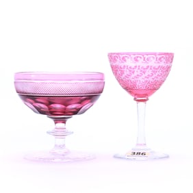 (2) Stems, Brilliant Period Cut Glass, Color Cut To Clear