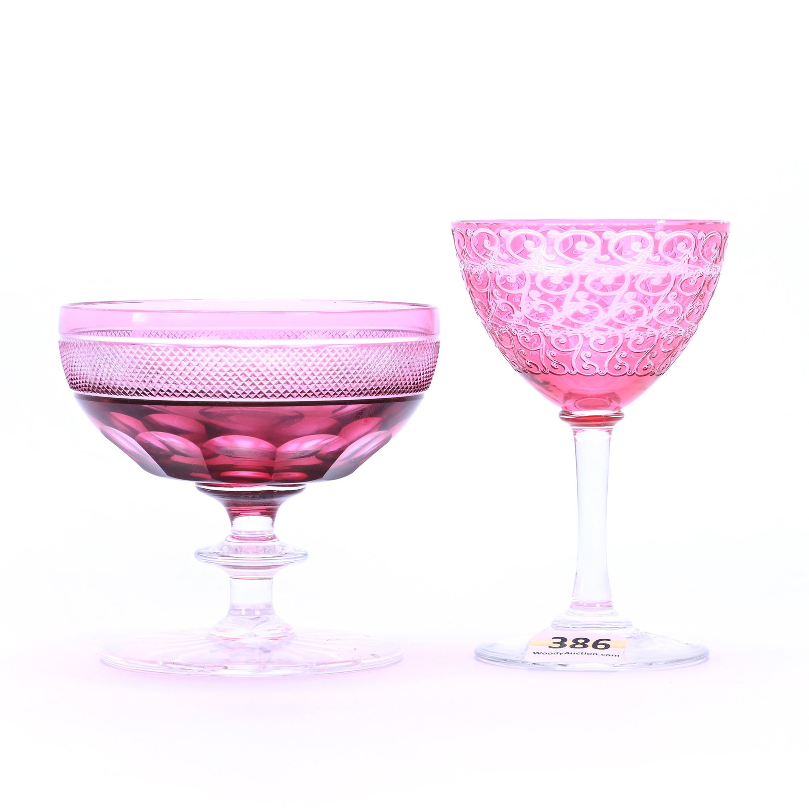 (2) Stems, Brilliant Period Cut Glass, Color Cut To Clear: (2) Stems, Brilliant Period Cut Glass, Color Cut To Clear, (1) 4" x 2.5" Cranberry Etched To Clear, Elaborate Scroll Design, (1) 3.25" x 3.5" Amethyst Cut To Clear, Diamond Band With Panel Highlights,