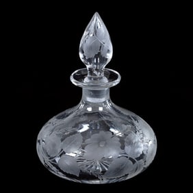 Cologne Bottle, American Brilliant Cut Glass, Nicely Engraved Floral Decor, Pattern Engraved Stopper