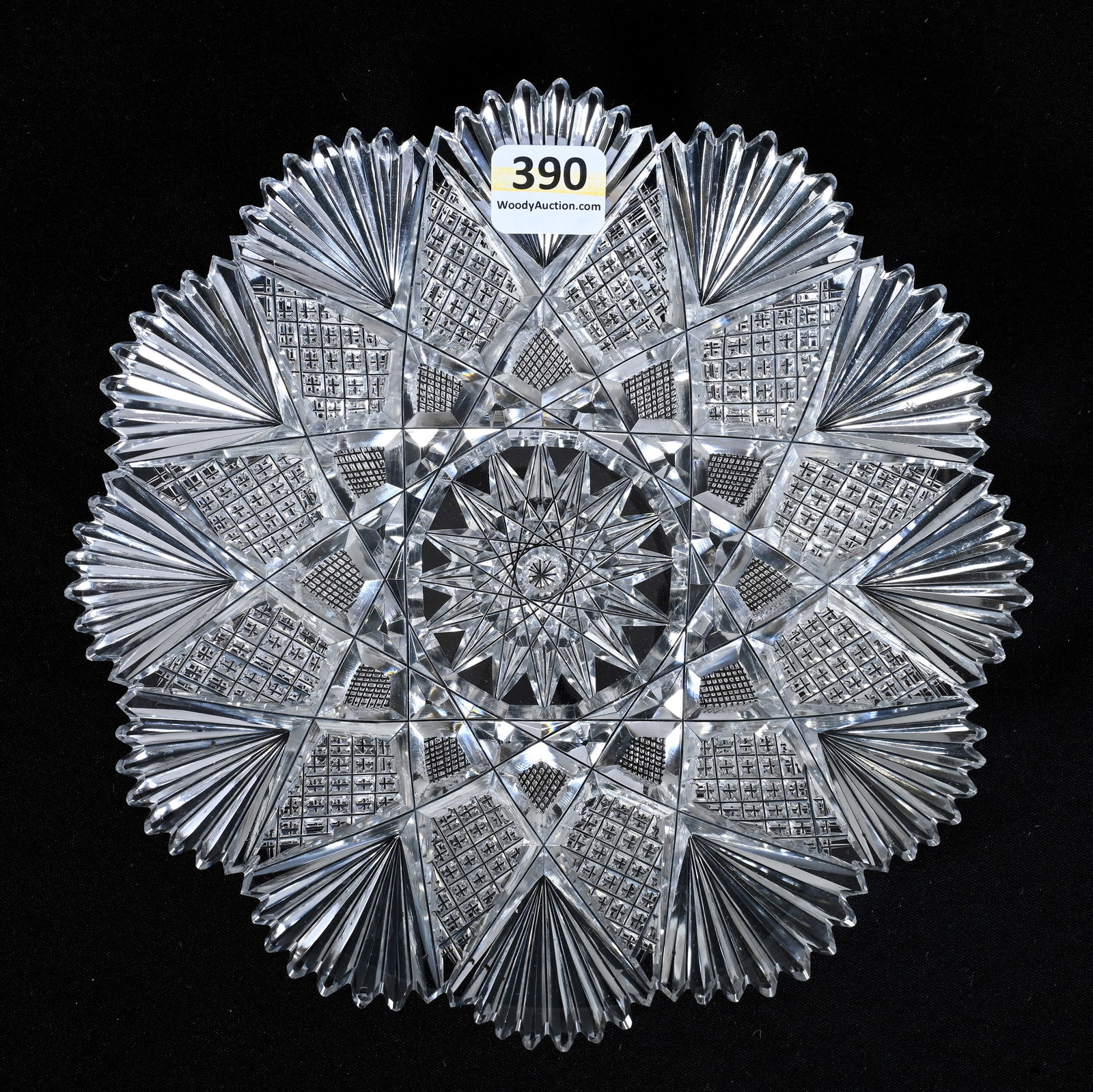 Plate, American Brilliant Cut Glass, Hobstar, Crosshatch, Crosscut Diamond & Fan Motif: Plate, American Brilliant Cut Glass, Hobstar, Crosshatch, Crosscut Diamond And Fan Motif, 7.25", Clear Blank, Mike And Sandra Hackney Collection, Georgia.
