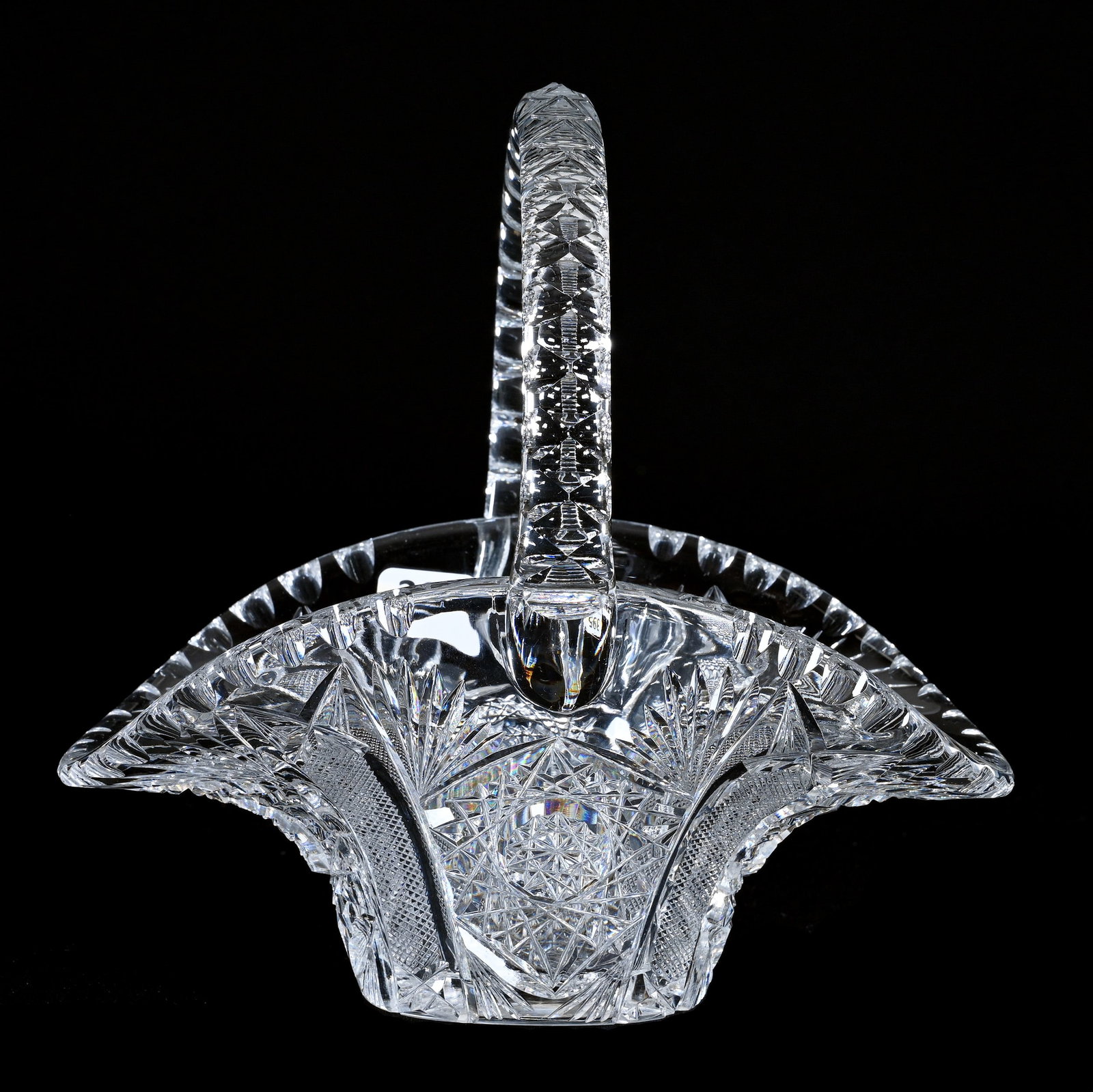 Basket, American Brilliant Cut Glass, Hobstar, Crosshatch And Fan Motif: Basket, American Brilliant Cut Glass, Hobstar, Crosshatch And Fan Motif, 7.5" x 8" x 5.75", Triple Notched Handle, Hobstar Base, Mike And Sandra Hackney Collection, Georgia.