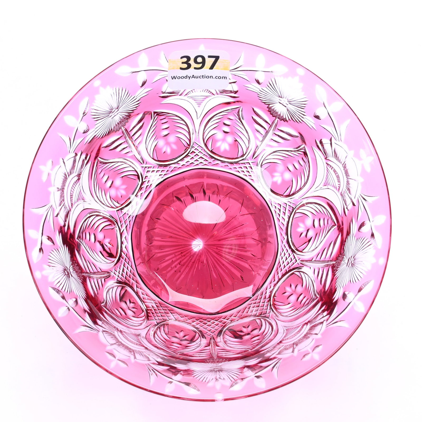 Finger Bowl, Brilliant Period Cut Glass, Cranberry Cut To Clear: Finger Bowl, Brilliant Period Cut Glass, Cranberry Cut To Clear, 2.5" x 5.125", Engraved Floral With Teardrop Highlights, Attributed To Webb, Mike And Sandra Hackney Collection, Georgia.