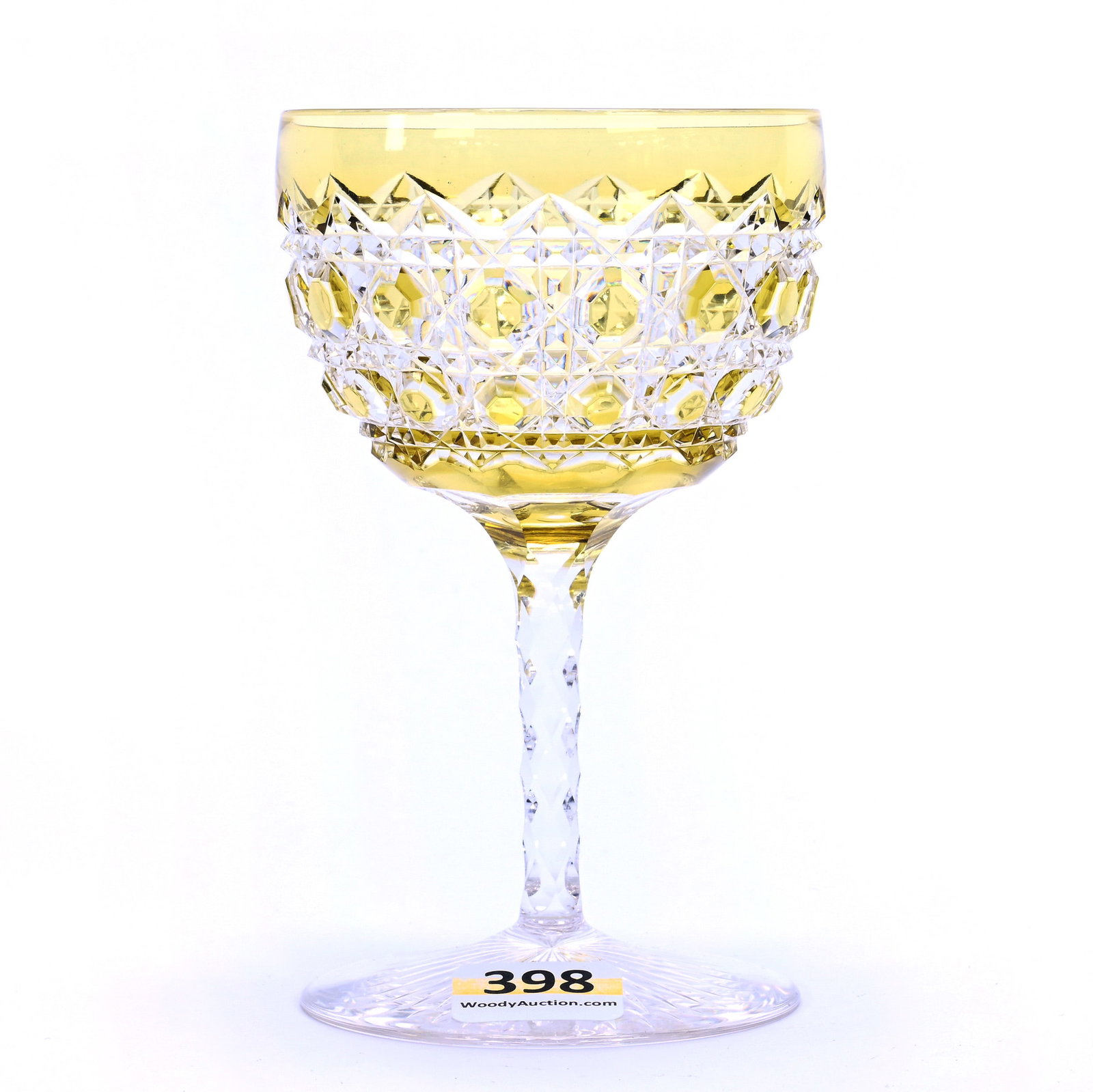Wine Stem, Brilliant Period Cut Glass, Yellow Cut To Clear: Wine Stem, Brilliant Period Cut Glass, Yellow Cut To Clear, 4.75" x 2.75", Cane Pattern, Solid Diamond Stem, Ray Cut Foot, Mike And Sandra Hackney Collection, Georgia.