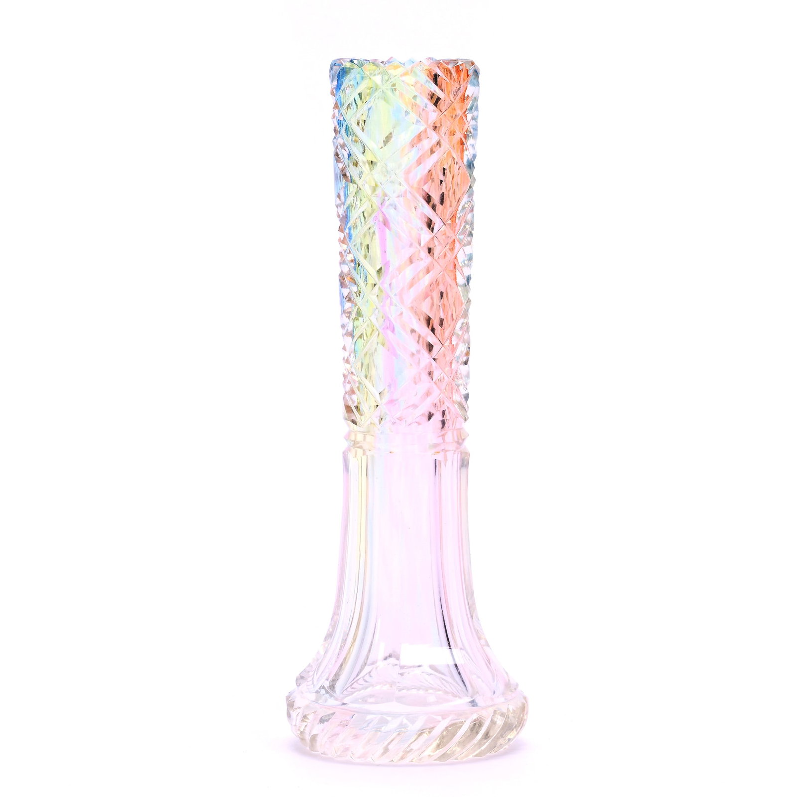Bud Vase, Brilliant Period Cut Glass, Rainbow Cut To Clear: Bud Vase, Brilliant Period Cut Glass, Rainbow Cut To Clear, 5.25" x 1.75", Diamond And Miter Motif, Mike And Sandra Hackney Collection, Georgia.