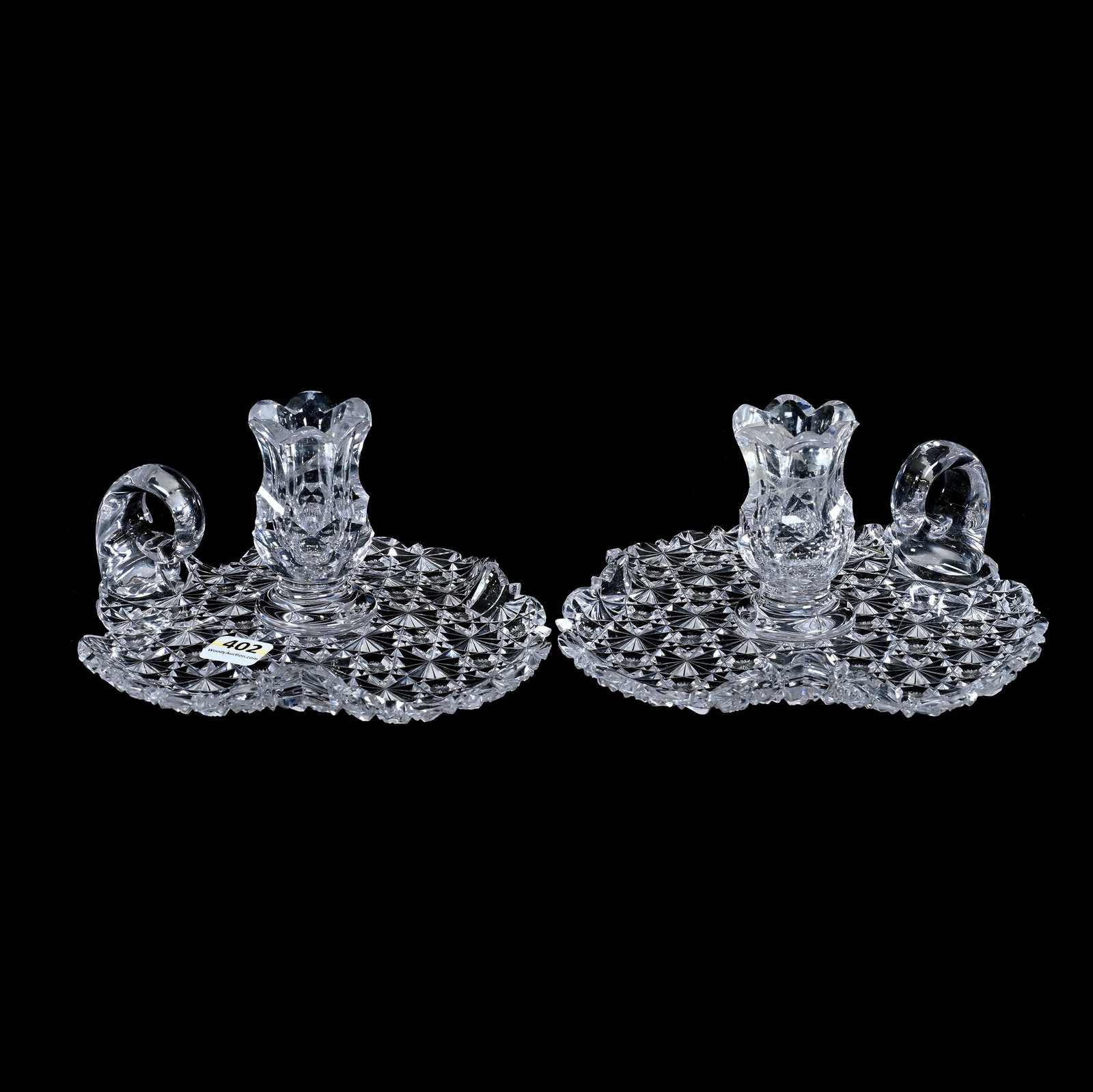 Pair Chamber Sticks, American Brilliant Cut Glass, Russian Pattern, Star Cut Buttons: Pair Chamber Sticks, American Brilliant Cut Glass, Russian Pattern, Star Cut Buttons, 3.5" x 7" x 6.5", One With Staple Repair And Serious Crack On Candle Holder, One With Hard To See Crack On Base An