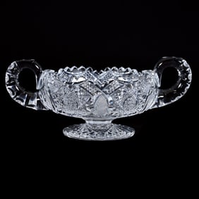 Pedestal Dish, Two Handles, American Brilliant Cut Glass, Hobstar, Vesica, Crosshatch & Nailhead