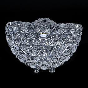 Tray, Fan Shape, American Brilliant Cut Glass, Early Staple Repair, Russian Pattern, Star Cut