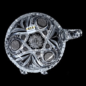 Handled Nappy, American Brilliant Cut Glass, Hobstar, Nailhead Diamond & Engraved Lily Of Valley