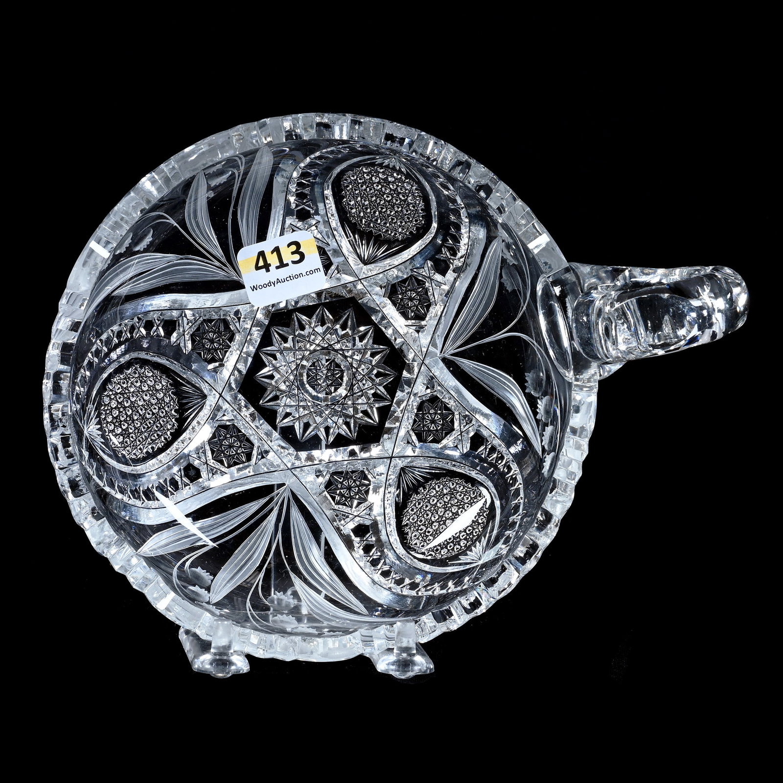 Handled Nappy, American Brilliant Cut Glass, Hobstar, Nailhead Diamond & Engraved Lily Of Valley: Handled Nappy, American Brilliant Cut Glass, Hobstar, Nailhead Diamond And Engraved Lily Of Valley, 6", Rim Nick, Mike And Sandra Hackney Collection, Georgia.