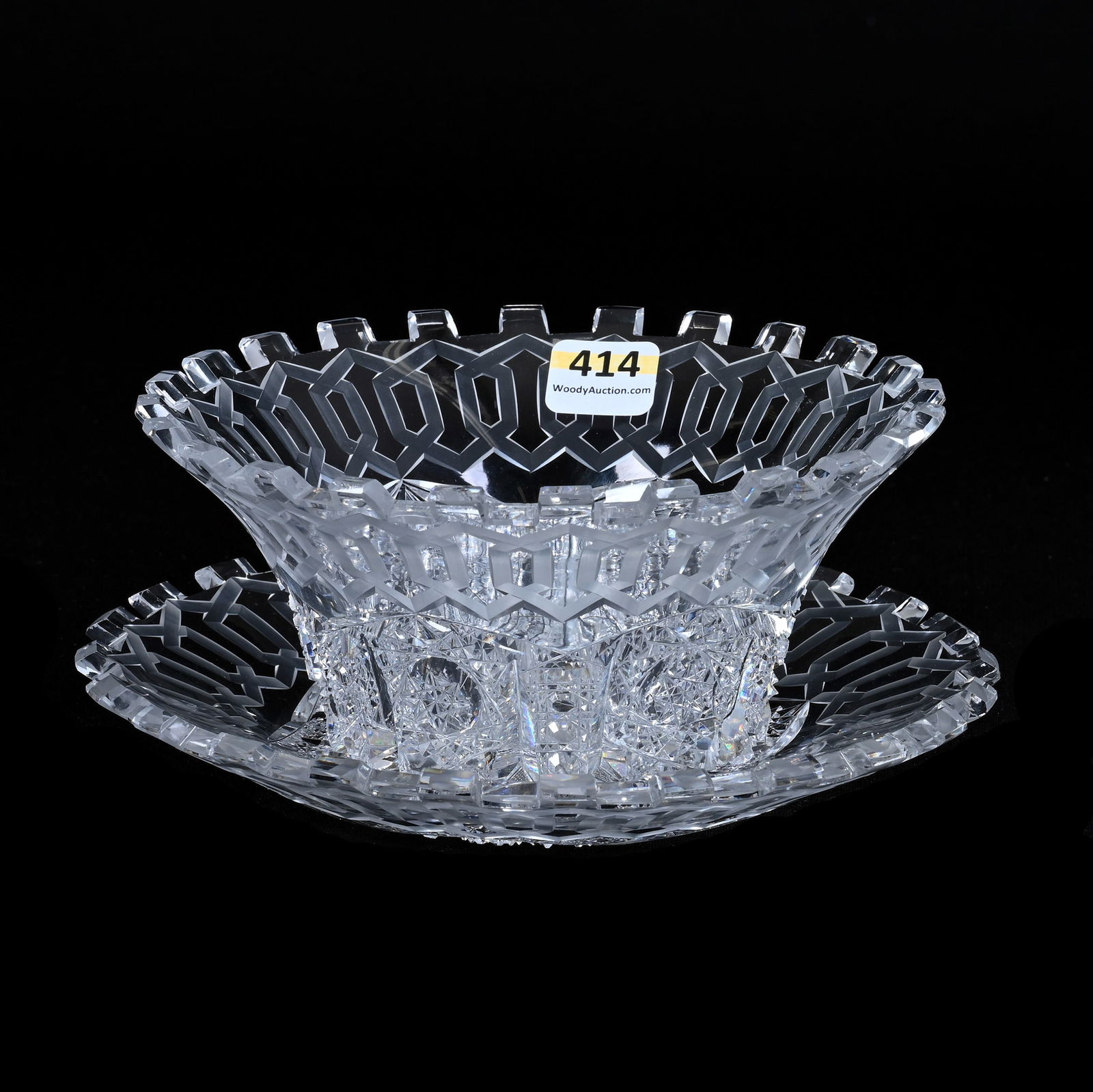 Finger Bowl/Underplate, American Brilliant Cut Glass, Alhambra Pattern By Meriden: Finger Bowl/Underplate, American Brilliant Cut Glass, Alhambra Pattern By Meriden, 3.25" x 7", Pattern Also Known As Greek Key, Plate And Bowl Each With One Tooth With Possible Touch-Up, Mike And Sand