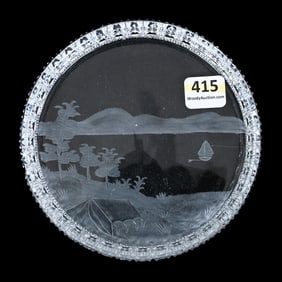 Round Coaster, American Brilliant Cut Glass, Engraved Lake, Mountain & Tent Scenic Decor