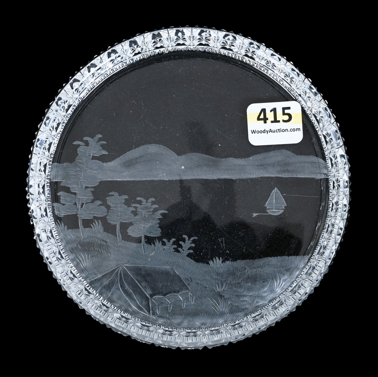 Round Coaster, American Brilliant Cut Glass, Engraved Lake, Mountain & Tent Scenic Decor (1 of 2)