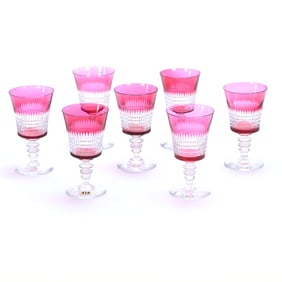 (7) Goblets, American Brilliant Cut Glass, Cranberry Cut To Clear