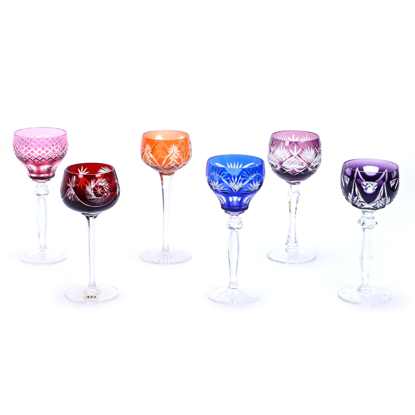 (6) Wine Stems, Cut Glass, Color Cut To Clear: (6) Wine Stems, Cut Glass, Color Cut To Clear, Various Patterns And Shapes, Sizes Range From 7.5" To 8", Colors Include (2) Amethyst, (1) Apricot, (1) Cobalt Blue, (1) Cranberry, (1) Ruby, Georgia Pri