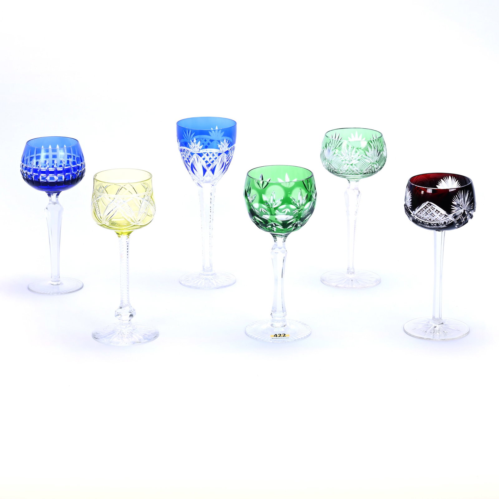 (6) Wine Stems, Cut Glass, Color Cut To Clear: (6) Wine Stems, Cut Glass, Color Cut To Clear, Various Patterns And Shapes, Sizes Range From 7.5" To 8", Colors Include (2) Amethyst, (1) Apricot, (1) Cobalt Blue, (1) Cranberry, (1) Ruby, Georgia Pri