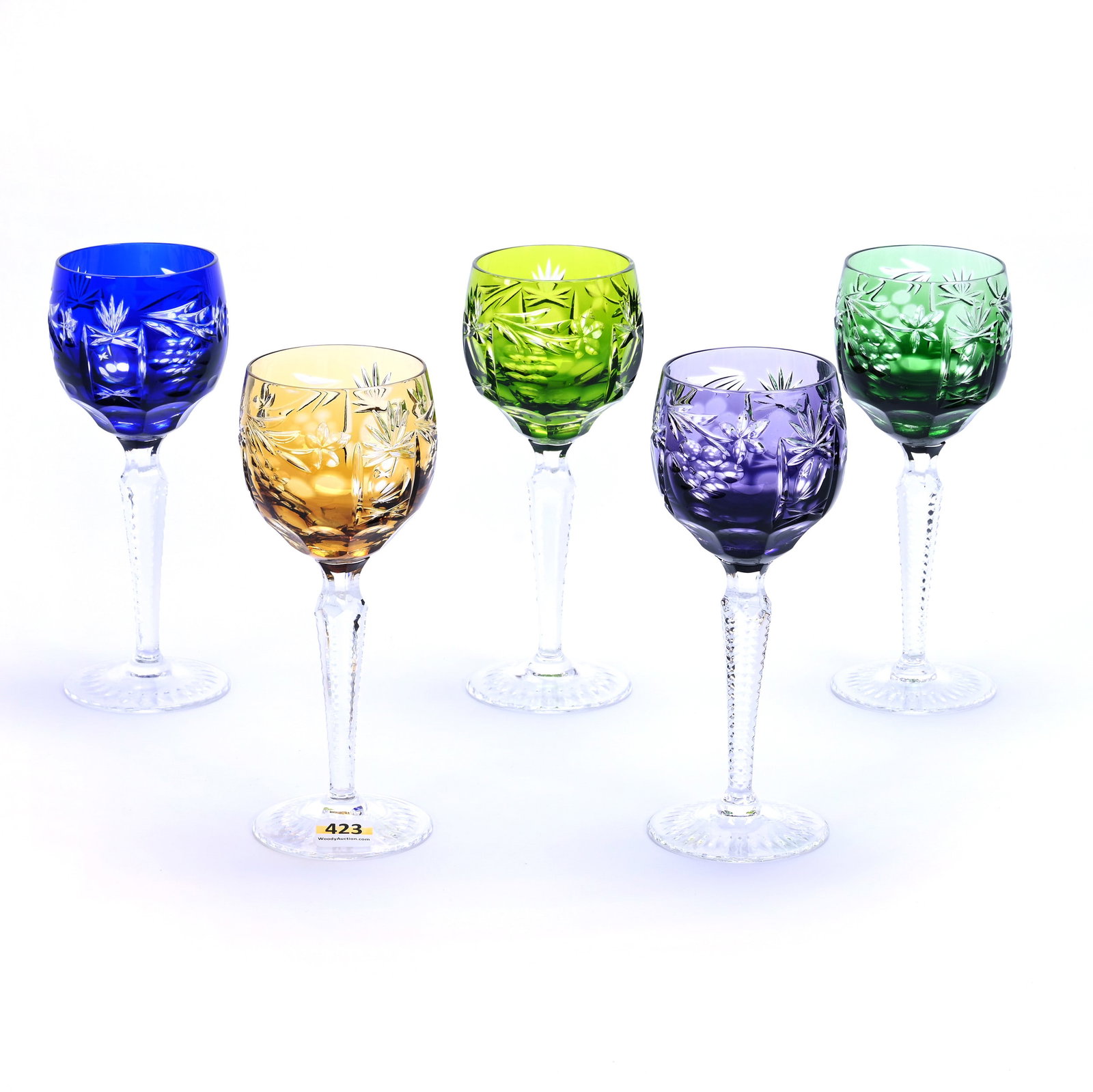 (5) Wine Stems, Cut Glass, Color Cut To Clear: (5) Wine Stems, Cut Glass, Color Cut To Clear, 7.5" x 3", Engraved Vintage Motif With Punty And Fan Highlights, (1) Cobalt Blue, (1) Olive, (1) Emerald, (1) Topaz, (1) Amethyst, Georgia Private Collec