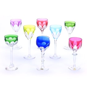 (8) Wine Stems, Cut Glass, Color Cut To Clear