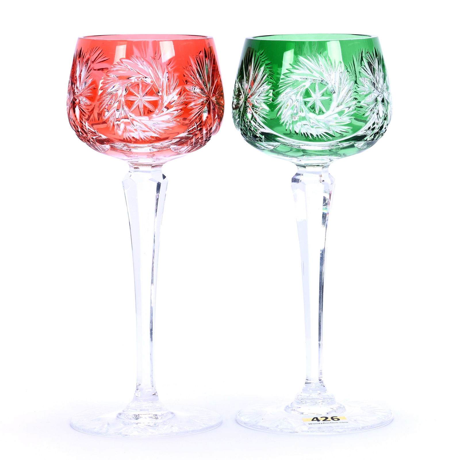 (2) Wine Stems, Brilliant Period Cut Glass, Color Cut To Clear: (2) Wine Stems, Brilliant Period Cut Glass, Color Cut To Clear, 7.25" x 3.25", Pinwheel, Crosshatch And Fan Motif, (1) Green, (1) Pinkish Apricot, Georgia Private Collection.