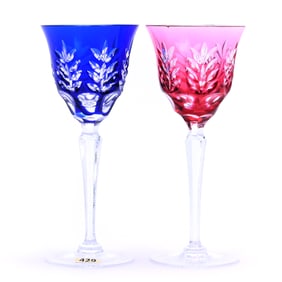(2) Wine Stems, Cut Glass, Color Cut To Clear