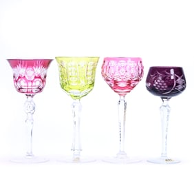 (4) Wine Stems, Cut Glass, Color Cut To Clear