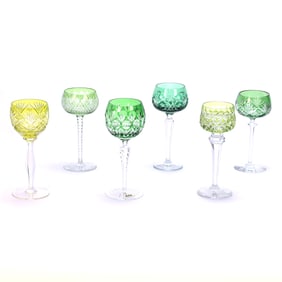 (6) Wine Stems, Cut Glass, Color Cut To Clear