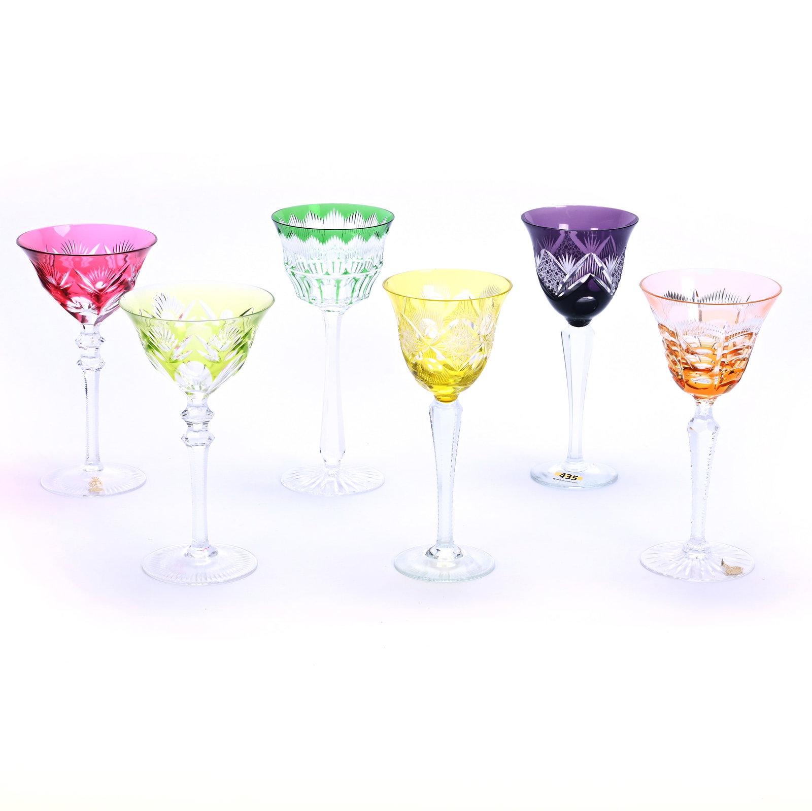 (6) Wine Stems, Cut Glass, Color Cut To Clear: (6) Wine Stems, Cut Glass, Color Cut To Clear, Various Sizes, Patterns, Shapes And Colors, (2) Matched Pattern Stems. One Yellow, One Cranberry, (4) Unmatched Stems, Green, Apricot, Amethyst, Yellow, 