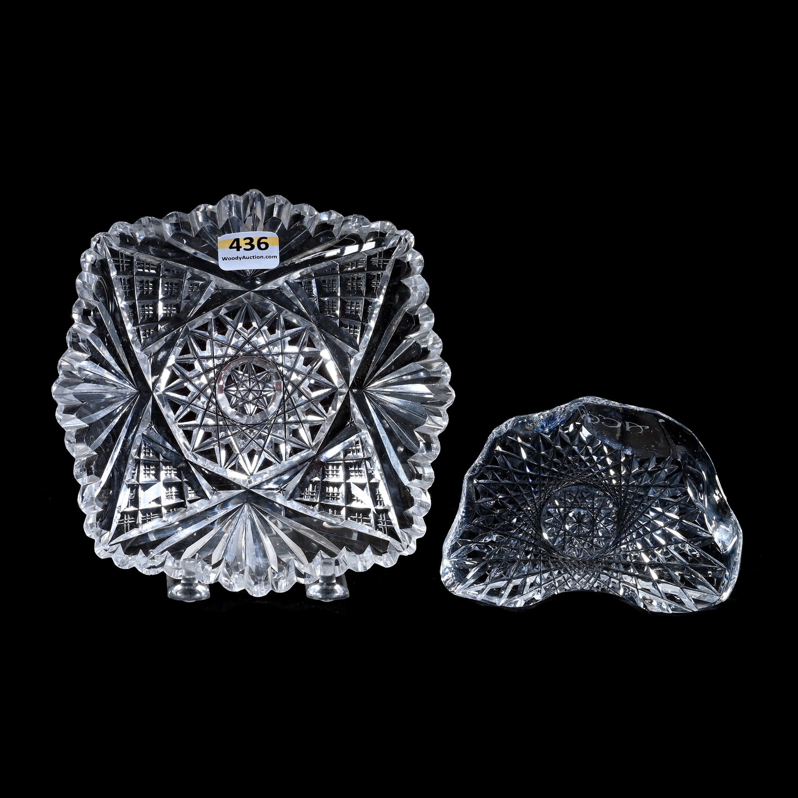 Square Dish & Paperweight, Cut Glass: Square Dish And Paperweight, Cut Glass, (1) 6" Square Dish, American Brilliant Cut Glass, Hobstar, Crosscut Diamond And Fan Motif, One Tooth Chip, (1) 4.25" x 3" Souvenir Paperweight, "Philadelphia 19