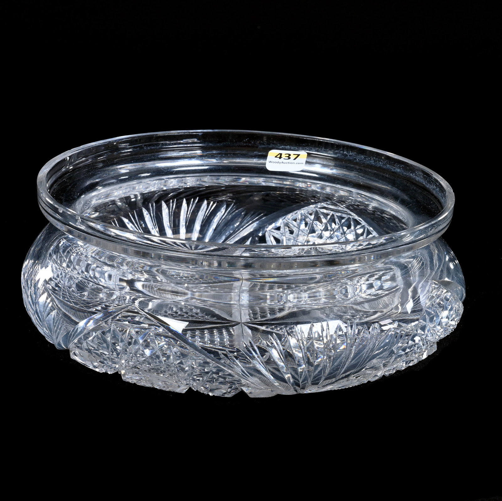 Fern Bowl, American Brilliant Cut Glass, Cuspidor Shape, Four Alternating Patterns: Fern Bowl, American Brilliant Cut Glass, Cuspidor Shape, Four Alternating Patterns, 3.25" x 9.5", Motifs Include Hobstar, Crosshatch, Nailhead Diamond And Fan, Some Edge Chips, Missing Metal Flower Fr