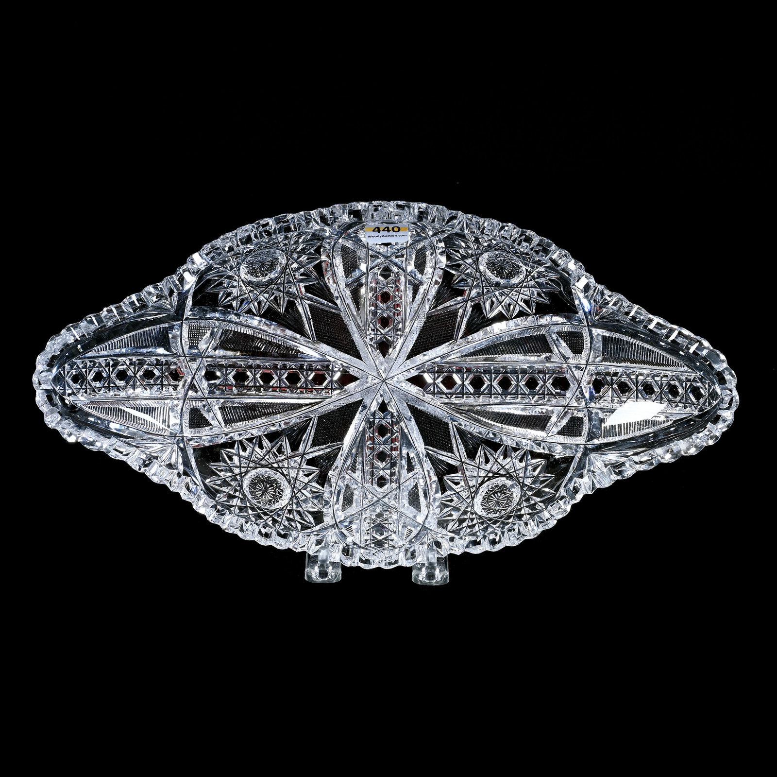 Ice Cream Tray, American Brilliant Cut Glass, Hobstar, Vesica, Crosshatch, Button And Fan Motif: Ice Cream Tray, American Brilliant Cut Glass, Hobstar, Vesica, Crosshatch, Button And Fan Motif, 14.25" x 7.5", Outside Rim Nicks, Georgia Private Collection.