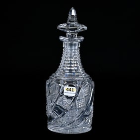 Decanter, Brilliant Period Cut Glass, Swirled Tusk With Crosscut Diamond And Step Cut Highlights