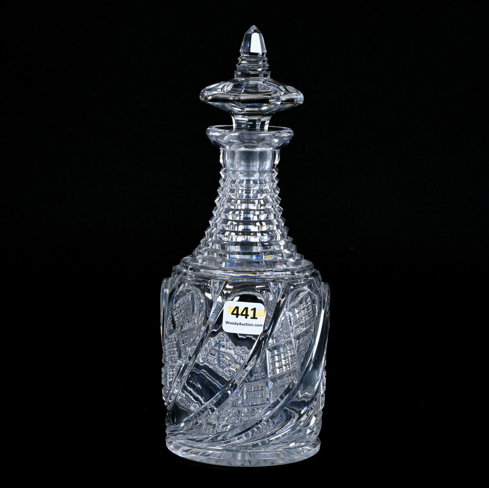 Decanter, Brilliant Period Cut Glass, Swirled Tusk With Crosscut Diamond And Step Cut Highlights: Decanter, Brilliant Period Cut Glass, Swirled Tusk With Crosscut Diamond And Step Cut Highlights, 9.5" x 4", Ray Cut Base, Pattern Nicks, Georgia Private Collection.