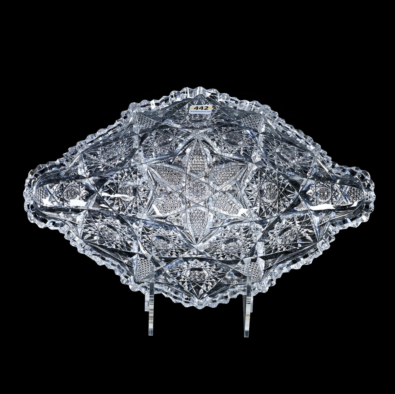 Napoleon Hat Bowl, American Brilliant Cut Glass, Hobstar, Vesica, Nailhead Diamond And Star Motif: Napoleon Hat Bowl, American Brilliant Cut Glass, Hobstar, Vesica, Nailhead Diamond And Star Motif, 4.25" x 13.75" x 8.5", One Serious Tooth Chip, Georgia Private Collection.