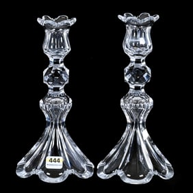 Pair Candlesticks, Brilliant Period Cut Glass, Facet Cut Knob Stem, Skirted Petticoat Scalloped Base