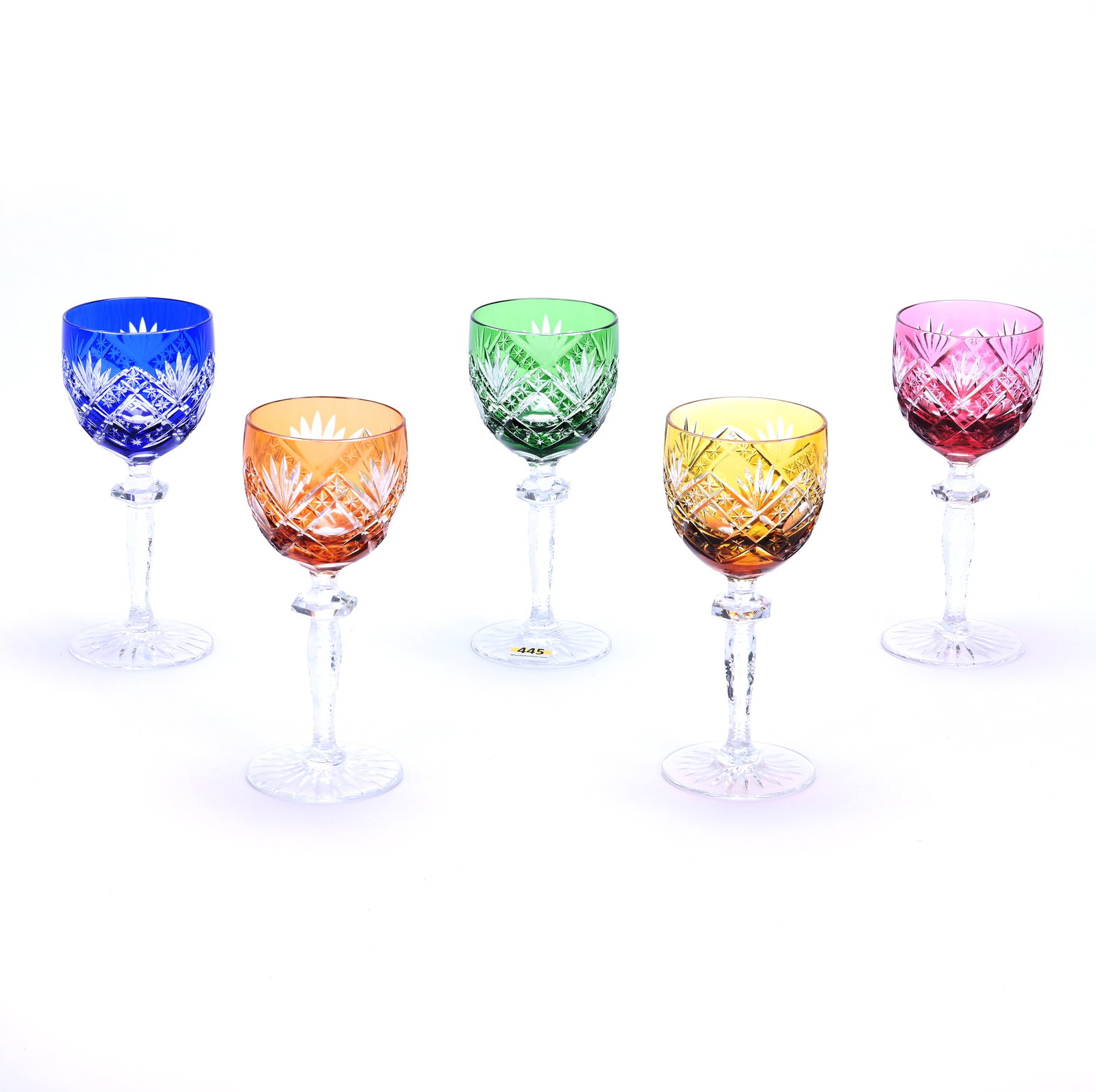 (5) Wine Stems, Brilliant Period Cut Glass, Color Cut To Clear: (5) Wine Stems, Brilliant Period Cut Glass, Color Cut To Clear, 7.25" x 3", Punty, Star And Fan Motif, Attributed To Val St. Lambert, (1) Green, (1) Blue, (1) Apricot, (1) Topaz, (1) Cranberry, Georgi