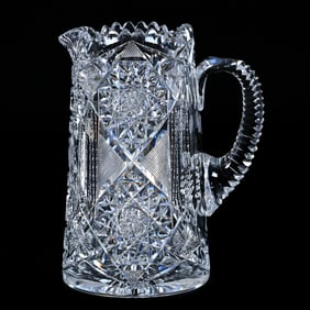 Pitcher, American Brilliant Cut Glass, Hobstar, Crosshatch, Prism And Star Motif